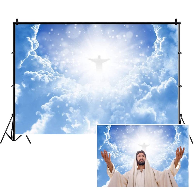 Leyiyi 10x8ft Jesus Christ in Sky Photography Background Paradise God Place Heaven Cloud Bokeh Spot Sacred Banner Backdrop Merry Christmas Baptism Kids Birthday Photo Portrait Vinyl Studio Prop - Image 1